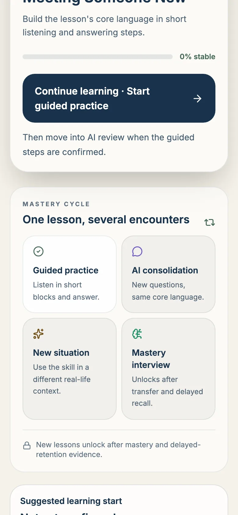 EchoLeap home screen: a placement prompt and the first lesson, Meeting Someone New, with a Continue learning button